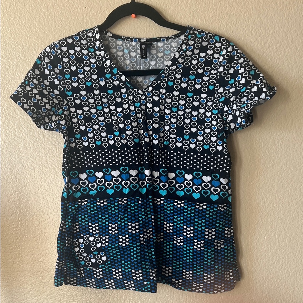 Barco Uniforms Black and Blue Heart Patterned Short Sleeve Scrub Top